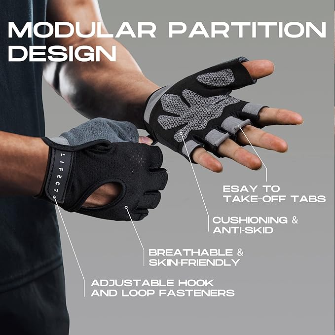 LIFECT Essential Breathable Workout Gloves, Weight Lifting Fingerless Gym Exercise Gloves with Curved Open Back, for Powerlifting, Women and Men, Size : Large