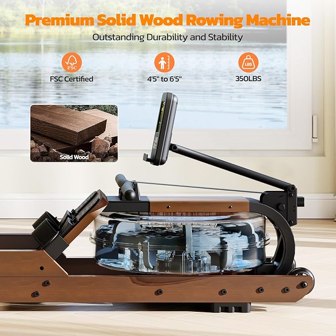 Dripex Rowing Machines for Home Foldable, Water Rowing Machine Max 350 LBS, Water Rower with Smooth Slide Rail, Comfortable Seat, Bluetooth App Supported, LCD Monitor, Wooden Row Machine for Home Gym