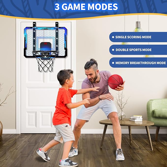 QDRAGON Indoor Basketball Hoop for Kids, Over The Door Mini Basketball Hoops with 7 LED Lighting, Basketball Toys Gifts for 5 6 7 8 9 10 11 12 Year Old Boys Girls Teens, Blue