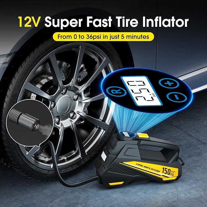 Tire Inflator Portable Air Compressor - DC 12V Air Pump for Car Tires with 150PSI LCD Digital Gauge & Emergency LED Light,Auto Tire Pump for Cars,Motorcycles,Bikes,Balls (Large)