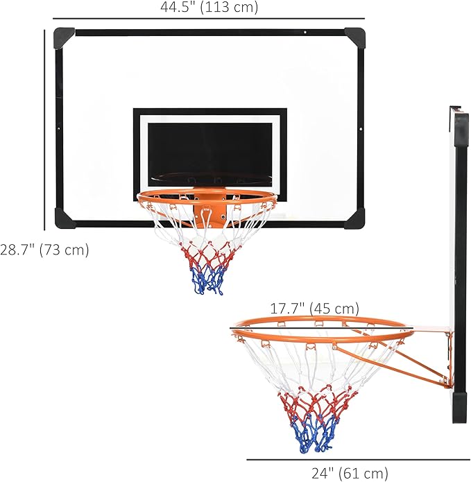 Soozier Wall Mounted Basketball Hoop with 45" x 29" Shatter Proof Backboard, Durable Rim and All-Weather Net for Indoor and Outdoor Use