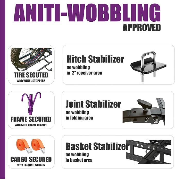 Hitch-Mount Bike Rack for Ebike Heavy-Duty - Comes with Cargo Carrier Fits 2 Electric Fat-Tire Mountain Bicycles Fits 2" Receiver for Car Trailer SUV Truck RV Minivan (Purple)