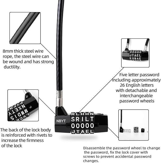 5-Word Resettable Combination Lock, Letter Lock- Home Security Padlock with 8mm Anti-Theft Cable for Garden Gates, Glass Doors, Pool, Refrigerator,Bikes, Gates, Storage (15''(Locking Span 7''))