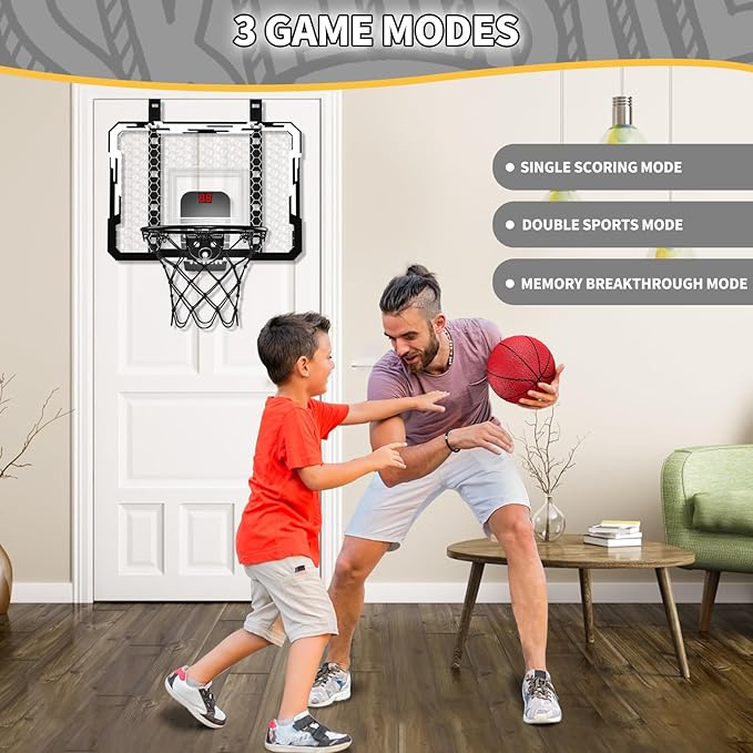 QDRAGON Indoor Basketball Hoop for Kids, Over The Door Mini Basketball Hoops with 7 LED Lighting, Basketball Toys Gifts for 5 6 7 8 9 10 11 12 Year Old Boys Girls Teens, White