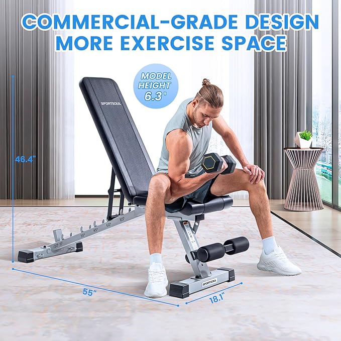 SPORTSOUL Adjustable Weight Bench Heavy Duty Fitness Bench For Weight Training, Home Gym Bench, Weightlifting and Strength Training, Upgraded Breathable Leathaire Bench Material, Black