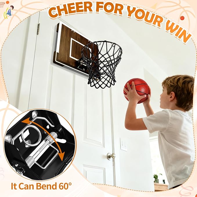 Indoor Mini Basketball Hoop Set – Over The Door with Wood Backboard & Iron Rim – Includes 2 Balls & Air Pump – Anti-Shock Padding – 16"x12"x3"