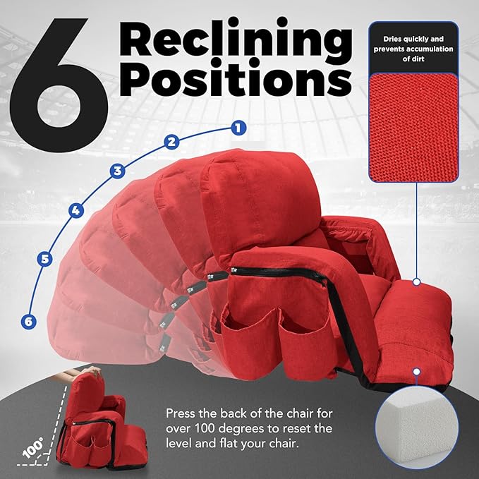 Wide Stadium Seats with Back Support, Exclusive Sofa Style Design Extra Thick Bleacher Chairs with Back and Cushion, 6 Reclining Positions - Ultimate Comfort for Sports Events (Red, 25")