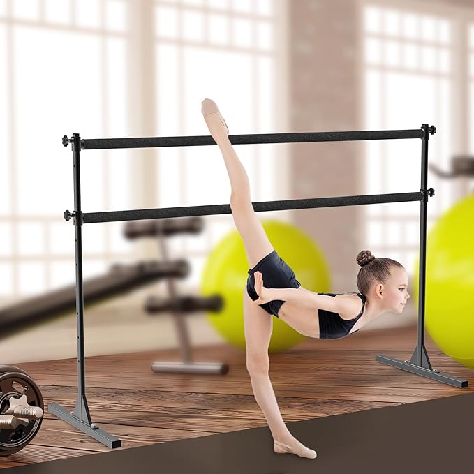 4FT/5FT/6FT Height Adjustable Freestanding Ballet Barre with Fabric Sleeve Portable Double Ballet Bar 350 lbs Capacity Heavy Duty Dance Barre for Home Workout, Stretch