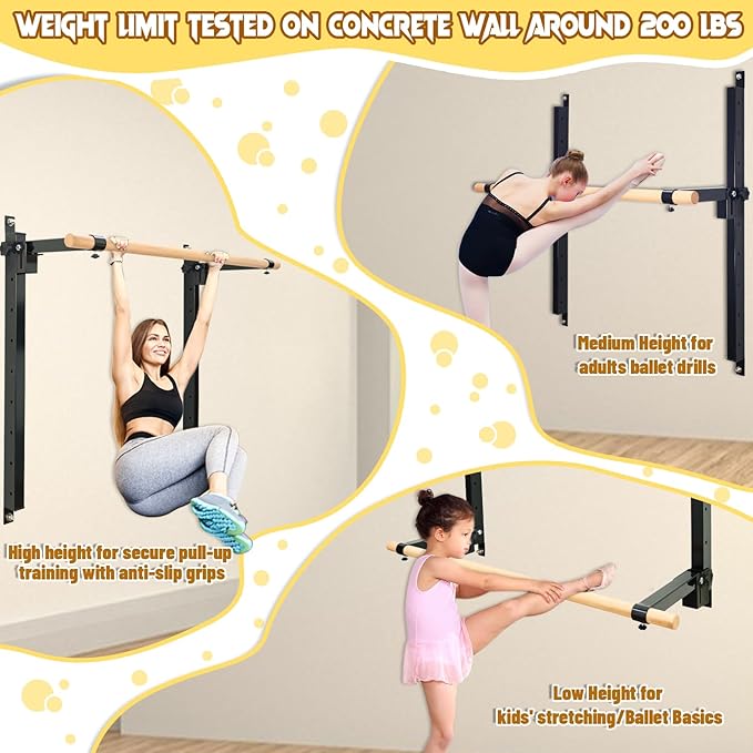 Wall Mounted Ballet Barre Adjustable Ballet Bar Foldable Dance Bar-Fully Adjustable -Solid Beech Wood Bar,Ballet workout Fitness Equipment Pull Up Stretch Never move