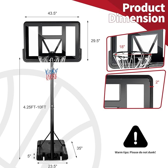 Giantex Portable Basketball Hoop Outdoor - 4.25-10ft Height Adjustable Basketball Goal System w/ 43.5" Backboard, Sandbag, Fillable Base, Basketball Hoop Indoor for Adults, Backyard, Driveway