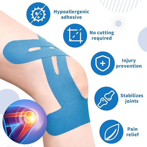 20PCS Kinesiology Tape for Knees, Kinesiology Tape Precut Strips for Knee Support & Stability, Waterproof Breathable Elastic Sports Tape for Pain Relief, Athletic Tape for Muscle & Joint, Blue