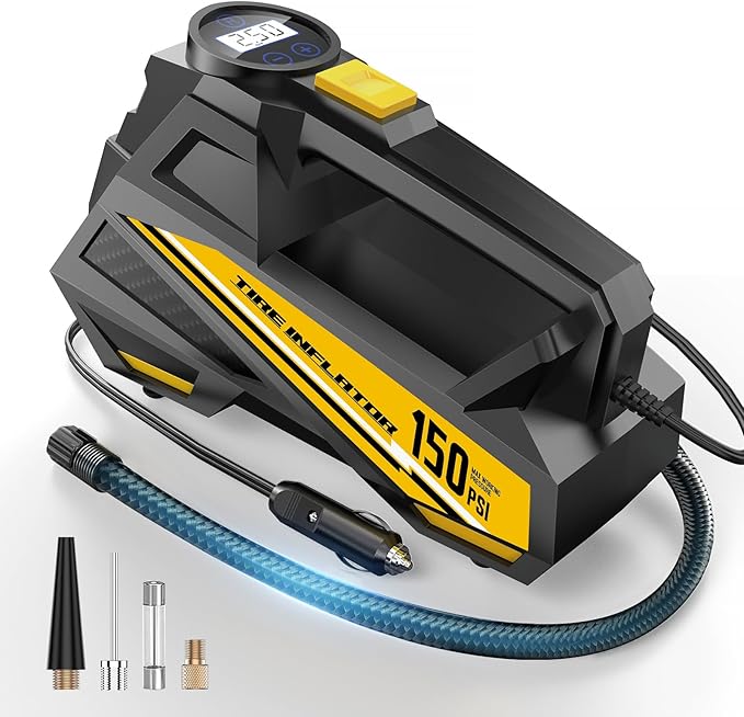 Tire Inflator Portable Air Compressor - DC 12V Air Pump for Car Tires with 150PSI LCD Digital Gauge & Emergency LED Light,Auto Tire Pump for Cars,Motorcycles,Bikes,Balls (Large)
