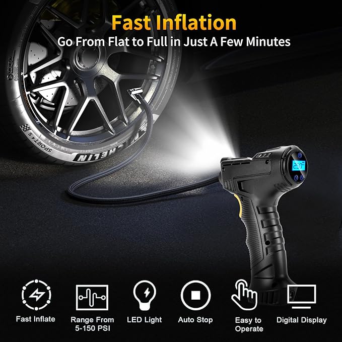 150PSI Portable Air Compressor for Car Tires – Digital Tire Inflator with LED Flashlight, 12V Auto Pump for Cars, Motorcycles, Bikes, and Sports Balls