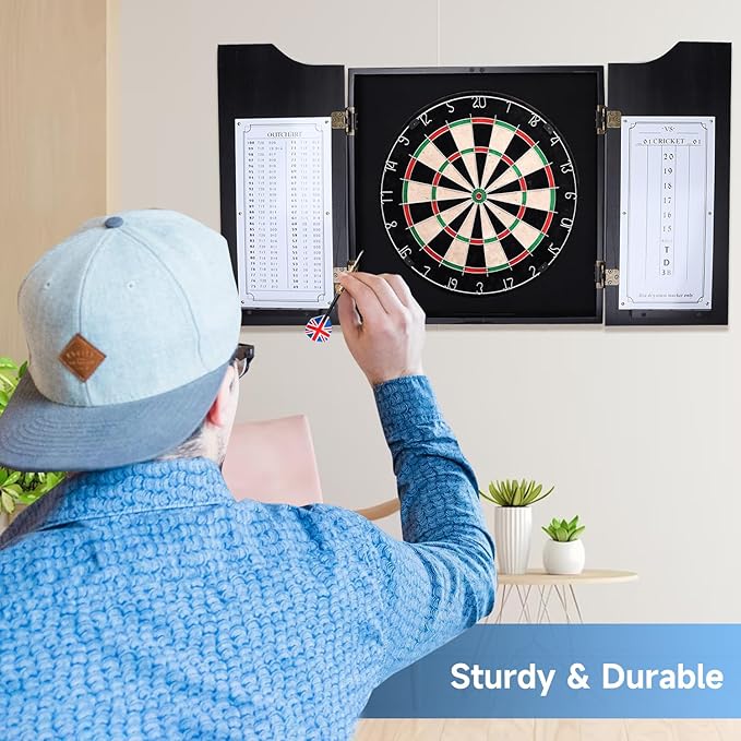 GSE Games & Sports Expert Professional Solid Wood Classic Dartboard Cabinet with Sisal/Bristle Dartboard, Scoreboard, and 6 Steel Tip Darts, Easy Assembly Complete with All Accessories (Black)