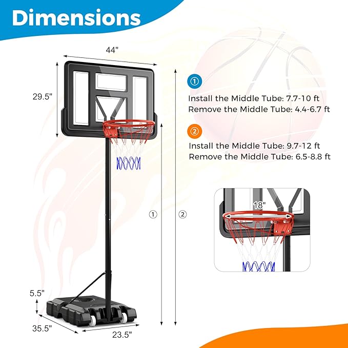 Goplus Portable Basketball Hoop, 10FT Height Adjustable Basketball Goal w/44‘’ Shatterproof Backboard, Outdoor Basketball Stand for Adults Backyard Driveway