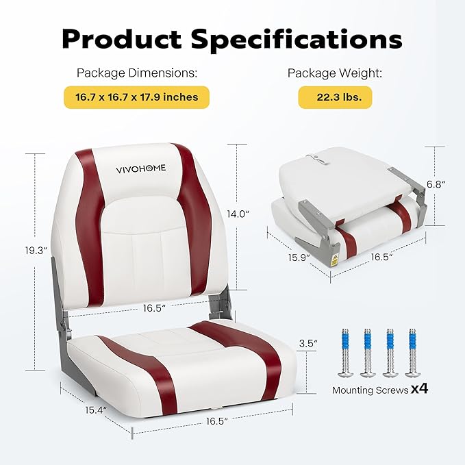 VIVOHOME Folding Low Back Boat Seats 2 Pack, Waterproof Boat Captain Chairs, 4 Mounting Screws Included, White and Red