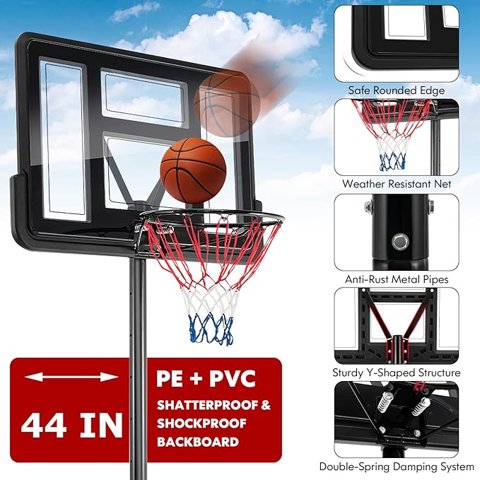 Goplus Portable Basketball Hoop, 10FT Height Adjustable Basketball Goal w/44‘’ Shatterproof Backboard, Outdoor Basketball Stand for Adults Backyard Driveway