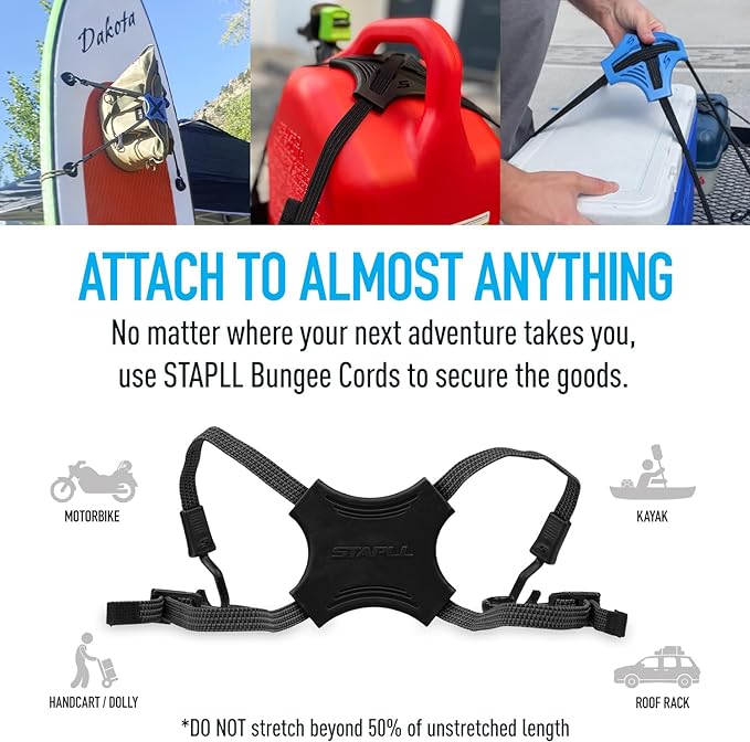 Tack Strap – 4-Way Flat Bungee Cord with Rubber Pad Grip, Non-Slip Tie Down Straps for Motorcycle, ATV, Kayak, Cycling, Camping, Truck Storage, Adjustable Bungee Cords - 2 Pack (Black)