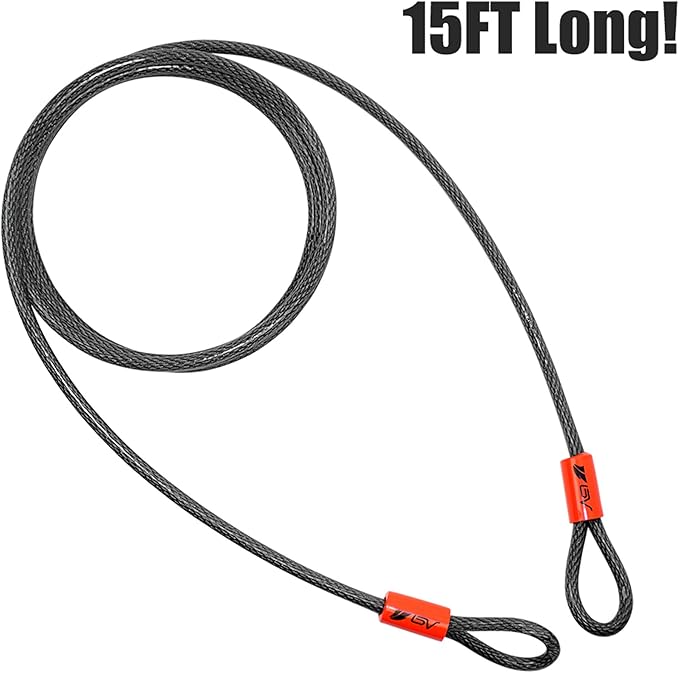BV Heavy-Duty 15FT Security Cable with Loops - 10mm (3/8 Inch) Cut-Resistant Braided Steel Cable - Versatile & Weatherproof - Security Chain for Padlock, Chain Lock, Wire Lock
