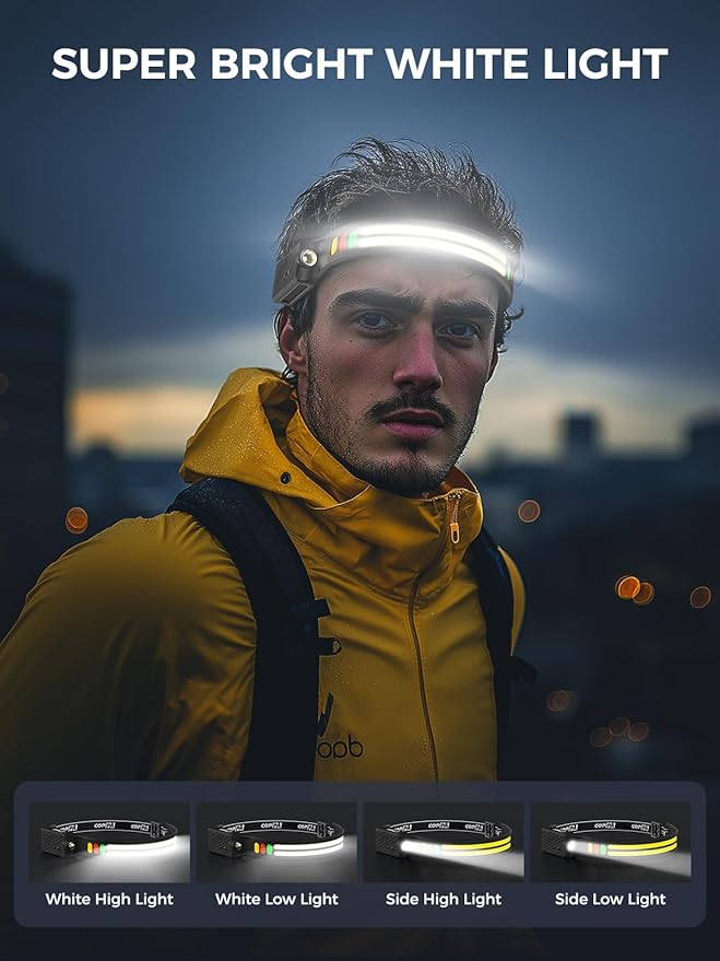 COPPA Headlamp, H4C Headlamp Rechargeable 2Pack with White & Yellow & Red & Green Floodlight & Spotlight Mini Portable with Motion Sensor Super for Camping Running Fishing Climbing Hiking Maintenance