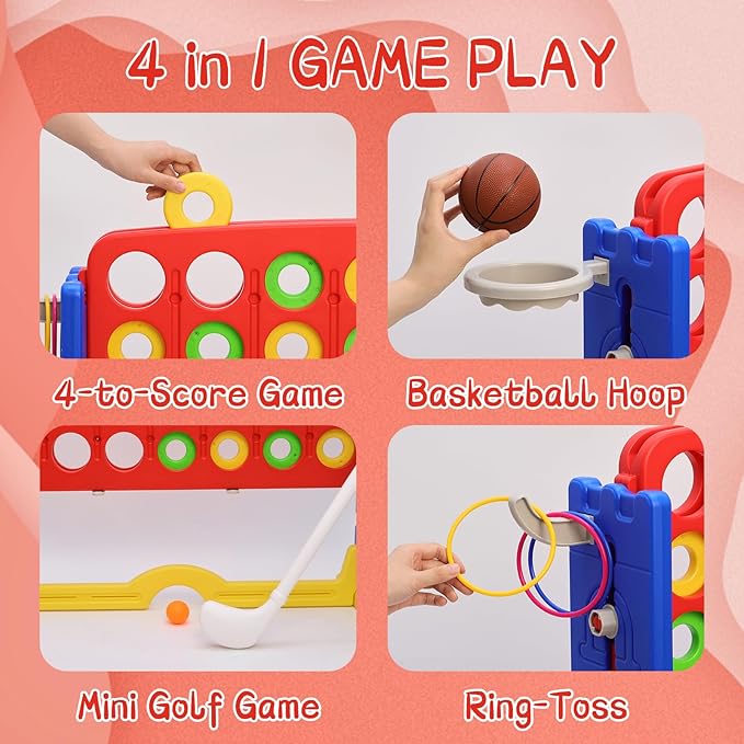 Giant 4 in A Row Game, Height Adjust Connect 4 Jumbo Yard Game Set for Kids & Adults with Mesh Catching Bag, Golf, Basketball Hoop & Ring Toss, 4-to-Score Games for Indoor/ Outdoor Fun