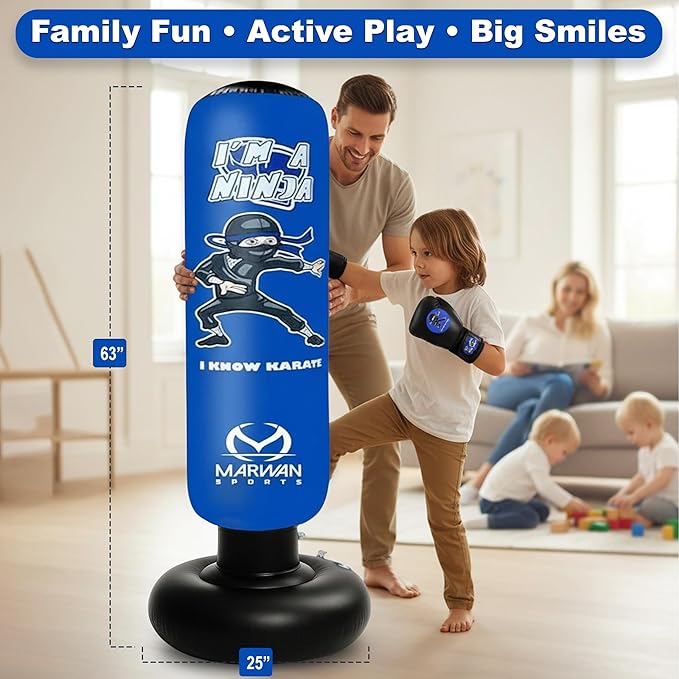 Marwan Sports 5-in-1 Inflatable Punching Bag for Kids – 63" Karate Toy Set with Boxing Gloves, Durable Fast Rebound, Active Play, Stress Relief Christmas/Birthday Gift for Boys & Girls Ages 4-12