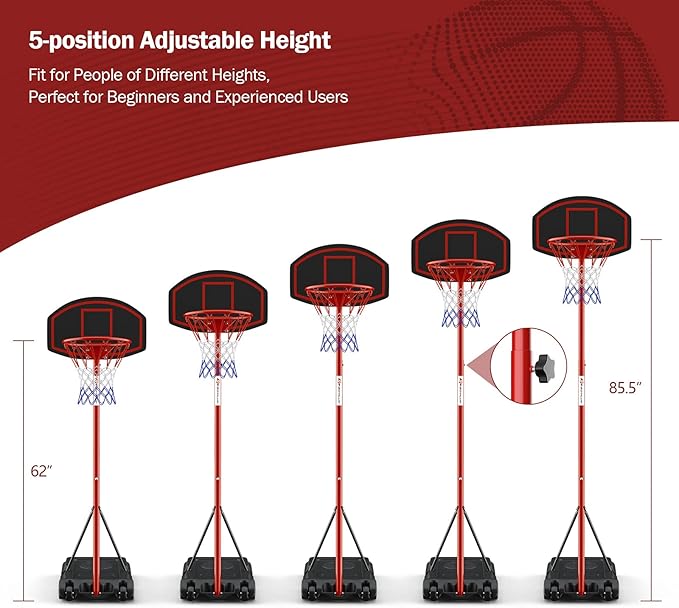 Goplus Portable Basketball Hoop, Height Adjustable Basketball Goal System [6.5FT-8.5FT] w/Shatterproof Backboard, Fillable Base & Wheels, Basketball Stand for Adult Kids, Indoor Outdoor Use