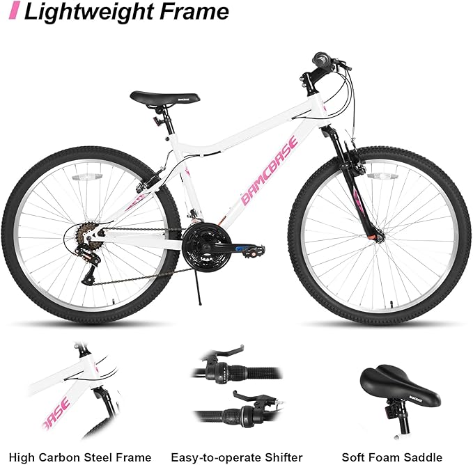 HILAND 26 Inch Womens and Mens Mountain Bike, 18 Speed Steel Frame Adult Bicycle, MTB Bikes with Suspension Fork, V Brake, Mountain Bicycle for Woman Man, Purple Green White
