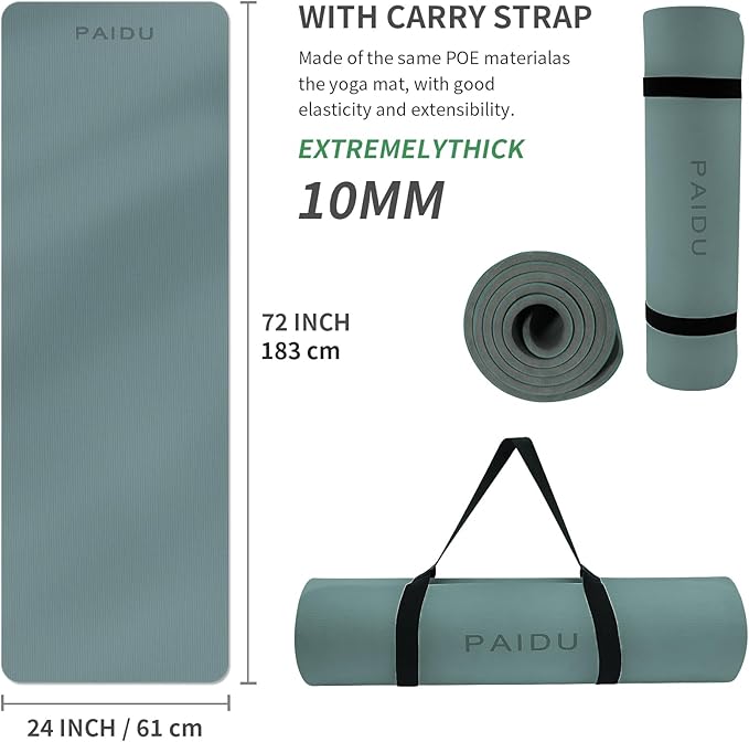 Yoga Mat Non Slip Anti-tear,extra thick-2/5 inch（10MM）High Resiliency Professional POE Yoga Mats for Women Men Kids,72"x24"inch,Workout, Yoga, Pilates and Floor Exercise, with Carrier Strap