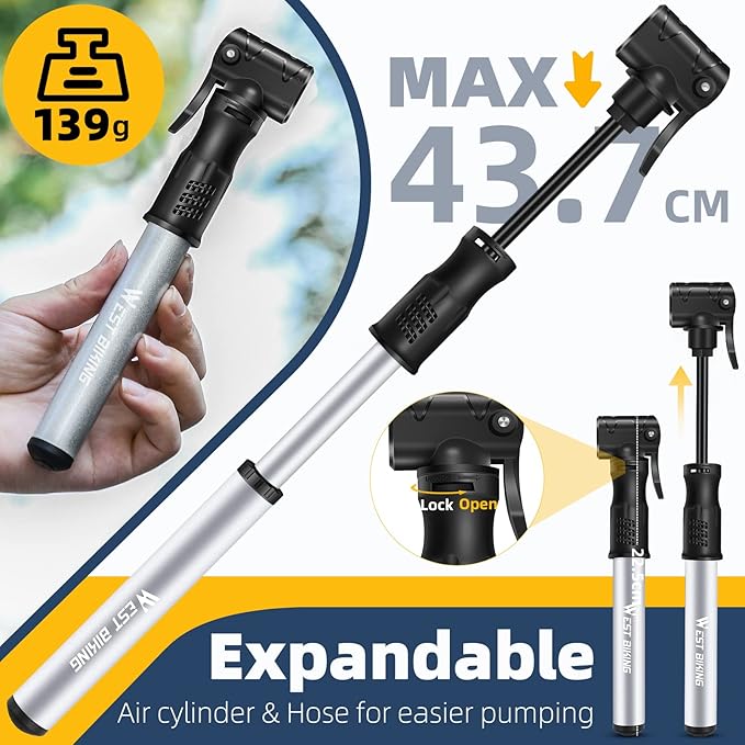 Bicycle Pump Mini Bike Pump - Aluminum Alloy Cycle Pump for Presta & Schrader Valve, Portable Lightweight Bike Tyre Pump Fast Tyre Inflation Mini Air Pump for Mountain Road Bike Ball Pump