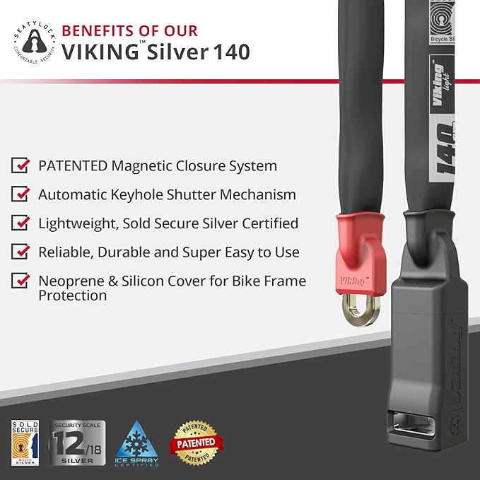 Seatylock Viking Bike Chain Lock with Key - Magnetic Patented Sold Secure Silver Rated - Heavy Duty Anti Theft - Smart Ultra Security Bicycle Lock (55.1 Inch)