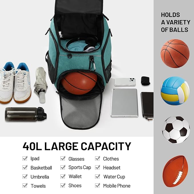 MIER Gym Backpack 40L Basketball Backpack with Ball Compartment & Shoes Storage Multi-Functional Sports Soccer Bag Large Equipment Back Pack Volleyball Backpacks for Men Women