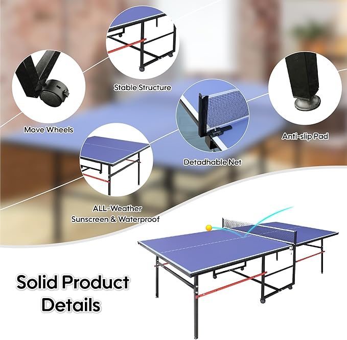 Foldable Ping Pong Table,Professional Table Tennis Table for Indoor/Outdoor with Net, 2 Table Tennis Paddles and 3 Balls Easy Assembly - Tournament Quality - Recreational to Tournament Level