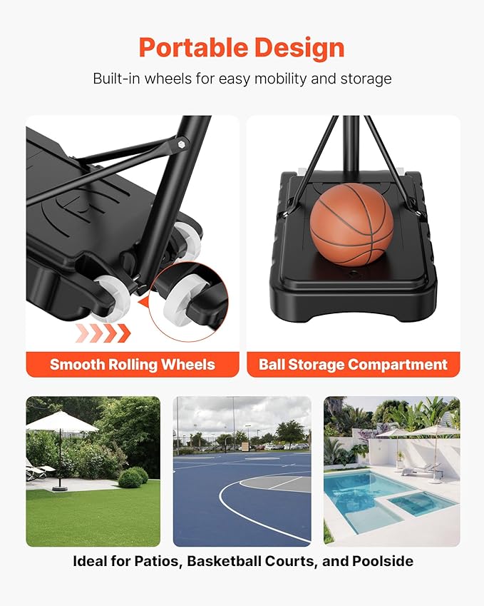 VEVOR Basketball Hoop/Rim, Adjustable Height Portable Backboard Court, Basketball Goal, Mobile Stand with Wheels Weighted Base, Youth&Adults, Outdoor/Indoor