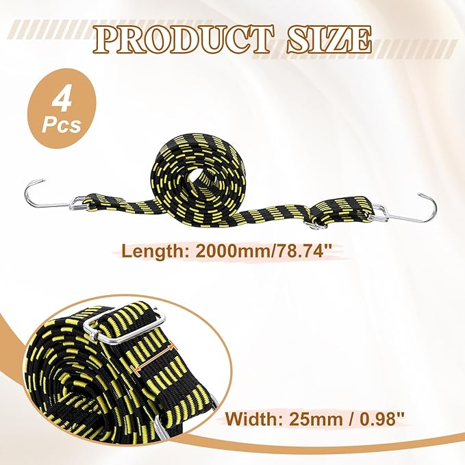 uxcell 4Pcs Adjustable Bungee Cords with Hooks, 79 Inch Flat Heavy Duty Elasticity Straps Rubber Bungee Cords with Buckle for Outdoor, Camping, Tarp, Bike Rack, Luggage, Black Yellow