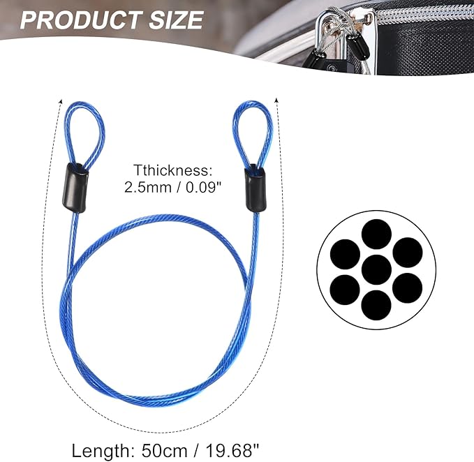 MECCANIXITY Security Steel Cable Lock, Safety Cable Flexible Wire Rope Luggage Lock 1.6feet 2.5mm Vinyl Coated Braided Steel with Double Loop for Bike Bicycle U-Lock Padlock Blue