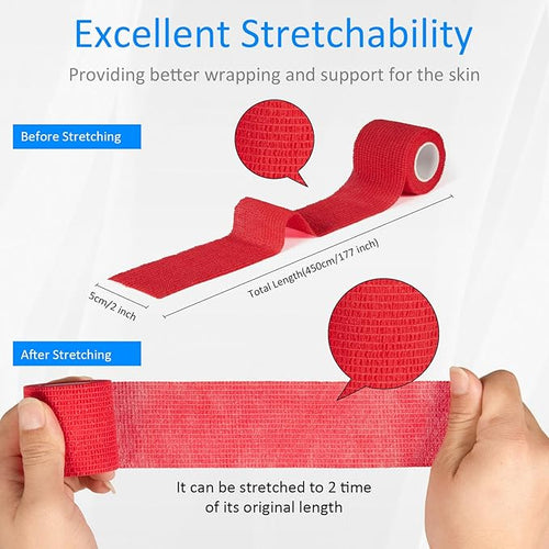 24 Pack Self Adherent Cohesive Wrap Bandages Non Woven Cohesive Bandage Elastic Self Adhesive Bandage Wrap Sports Athletic Tape First Aid Tape for Wrist Ankle Pet Vet Wrap Grip Cover 2 inch (Red)