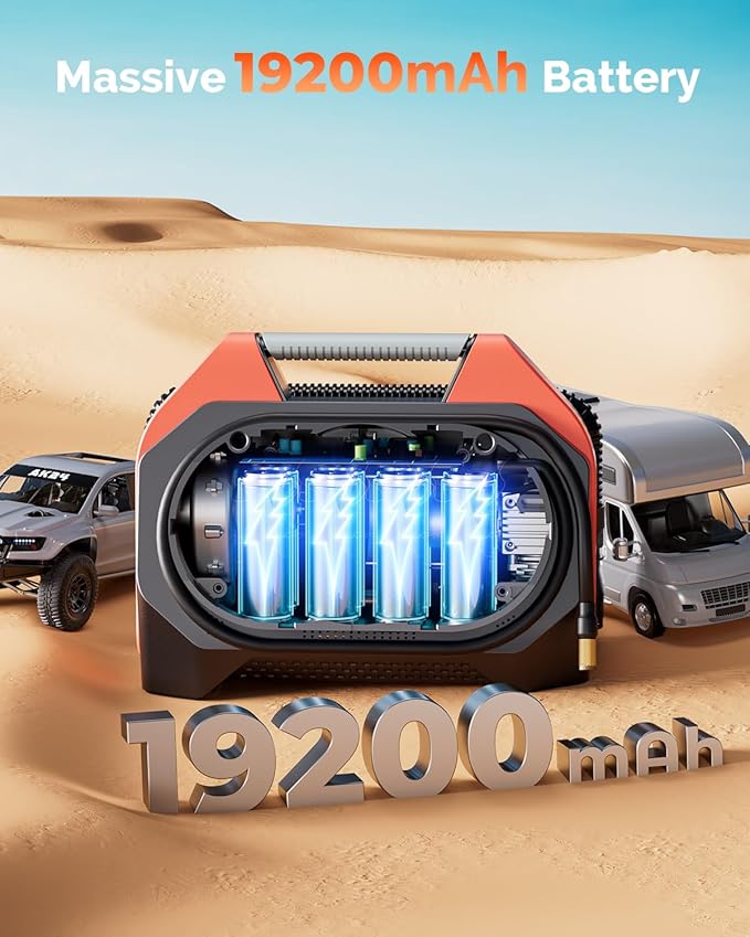 ETENWOLF VORTEX S6 Tire Inflator Portable Air Compressor for Heavy-duty Vehicle, Cordless Air Pump for Car & Inflatables with 19200 mAh Battery, 100% Duty Cycle & Dual Cylinder Bike Pump, Vivid Orange