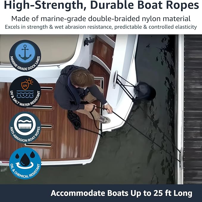 4 Pack Dock Lines 3/8" x 15' - Marine Grade Nylon Boat Ropes with 12" Eyelet for Docking and Mooring - Double Braided Boat Lines, High Strength, Easy Handling, Fray Resistant - Black