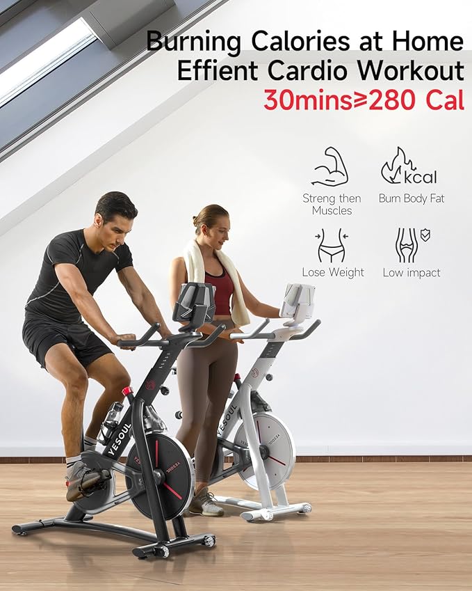 Yesoul Black Exercise Bike for Home,Smart White Cycling Bike Magnetic Stationary Bike, Low Noise Indoor Cycling Bike for Home Gym Electric Stationary Bike with Tablet Mount & Comfortable Seat Cushion for Women Apartment Workout Bike for Fitness