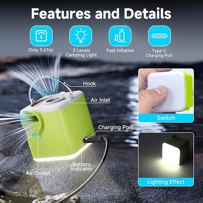 Portable Air Pump for Inflatables, 4.5kPa Mini Air Mattress Pump with Camping Light, 2400mAh Battery Rechargeable Air Pump for Pool Floats, Sleeping Pads, Swimming Ring, Vacuum Storage Bags