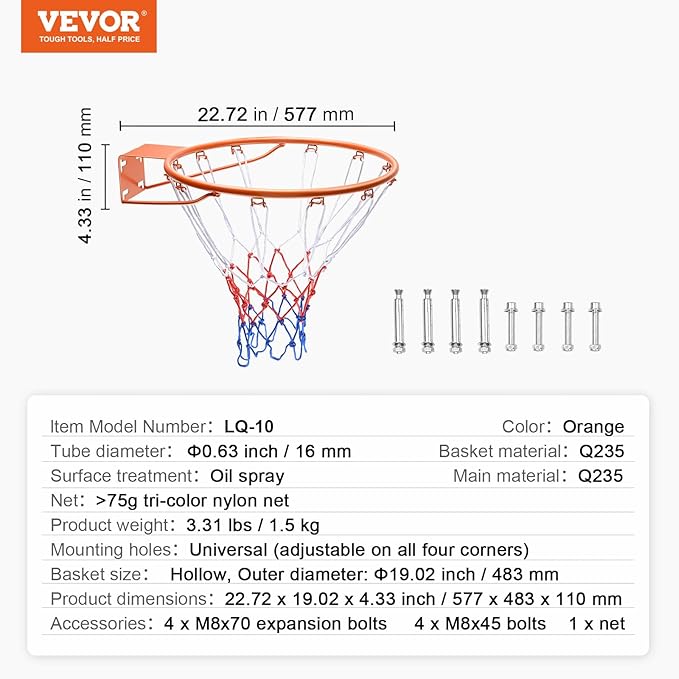 VEVOR Basketball Hoop/Rim, Adjustable Height Portable Backboard Court, Basketball Goal, Mobile Stand with Wheels Weighted Base, Youth&Adults, Outdoor/Indoor