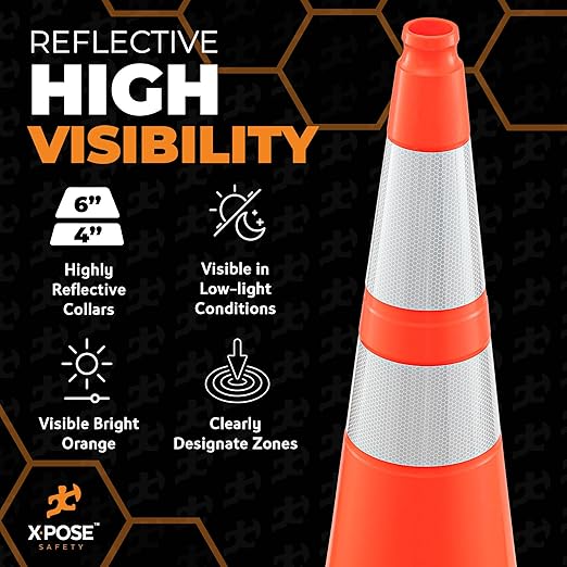 Xpose Safety 36 Inch Orange Traffic Cones Heavy Duty 15lb with 6" & 4" Collars, 8 Pack - Multipurpose PVC Plastic Safety Cone for Parking, Soccer, Caution, Kids and Construction - DOT Approved