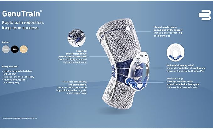Bauerfeind - GenuTrain - Knee Brace - Targeted Support for Pain Relief and Stabilization of The Knee, Provides Relief of Weak, Swollen, and Injured Knees- Size 7 - Color Titanium