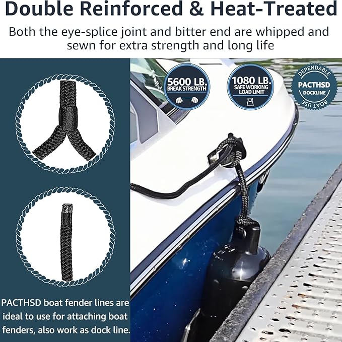 4 Pack 1/2" x 6' Boat Fender Lines - Marine Grade Nylon Boat Rope with 6" Loop for Tying Fenders and Docking Small Boats - Double Braided Dock Lines, Easy Handling, Fray Resistant - Black