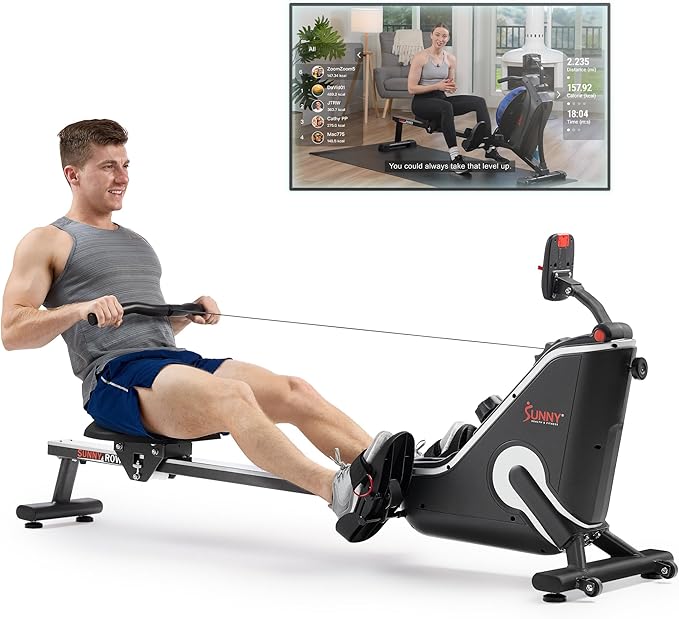 Sunny Health & Fitness Flip & Foldable Rowing Machine for Home w/Extended Slide Rail, Full-Body Workout, Low-Impact, Optional Extra Long Rail, Quiet Rail Cover, Water Motion and Free SunnyFit App