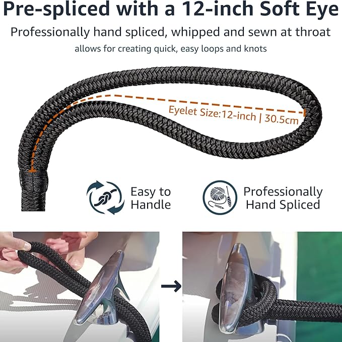 Boat Dock Lines 1/2" x 15' - Double Braided Nylon Boat Ropes for Docking with 12" Loop, Marine-Grade High Strength Boat Lines Dock Rope, Premium Marine Rope Mooring Lines, Easy Handling - 4 Pack,Black