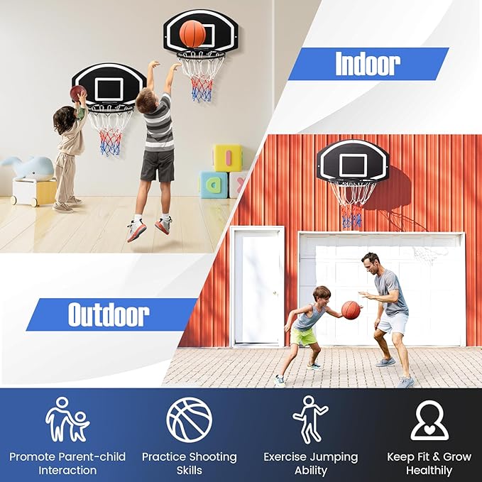GYMAX Mini Basketball Hoop, Wall Mounted Basketball Hoop with Large Shatterproof Backboard, Weather Resistant Net & Mounting Hardware, Portable Indoor Outdoor Basketball Goal for Kids, Teens, Adults