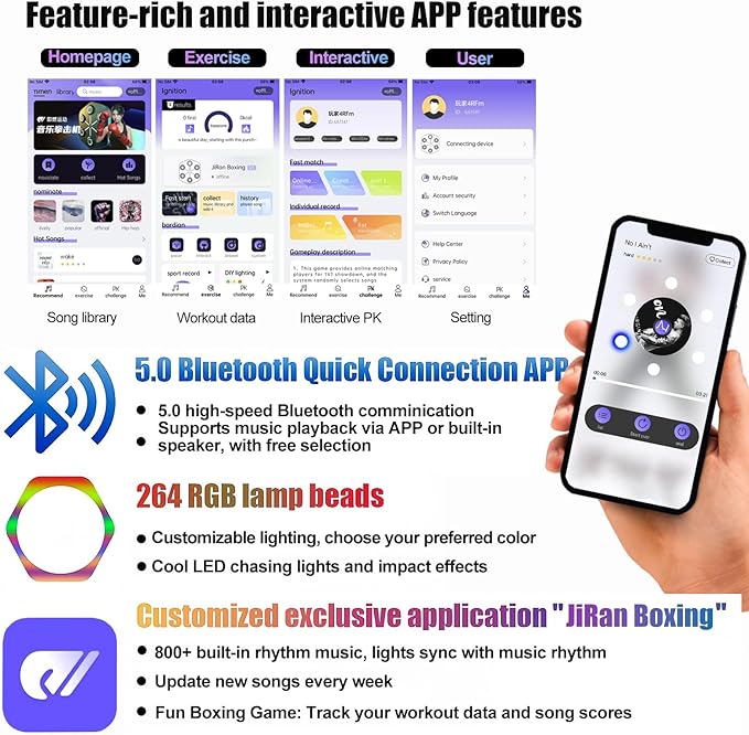 Smart Music Boxing Machine with app,Boxing Machine with Rhythm-Syncing Music and Lights，Wall-Mounted Interactive Punching Machine for Home and Gym Fitness.