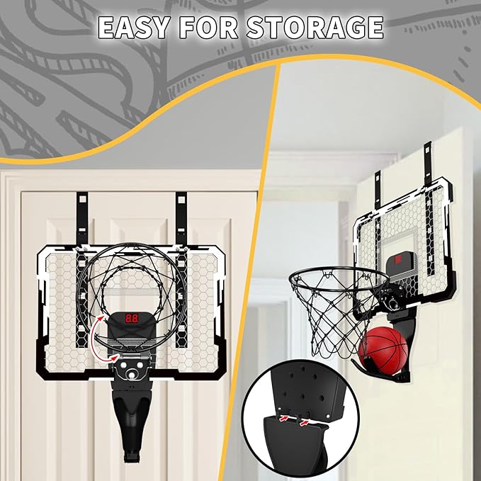QDRAGON Indoor Basketball Hoop for Kids, Over The Door Mini Basketball Hoops with 7 LED Lighting, Basketball Toys Gifts for 5 6 7 8 9 10 11 12 Year Old Boys Girls Teens, White